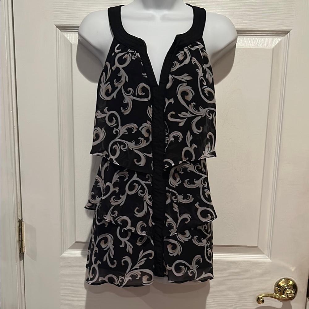 White House Black Market Black and Grey Tiered V-Neck Lined Halter Top
